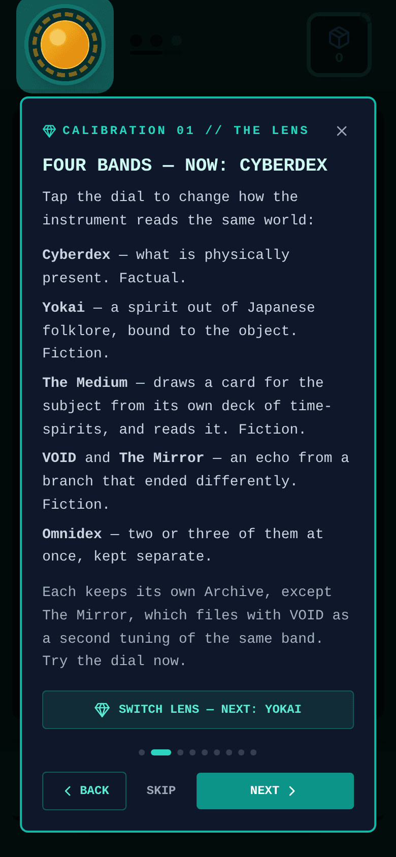 BraneDex calibration screen on the Cyberdex lens, in teal