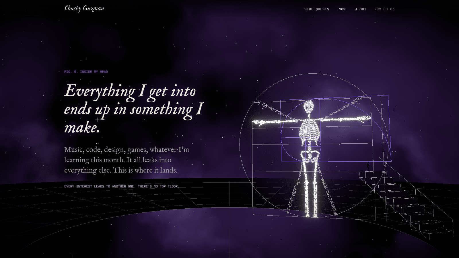 The second stop on the home page: a body dissolving into a galaxy, next to the line 'Everything I get into ends up in something I make.'